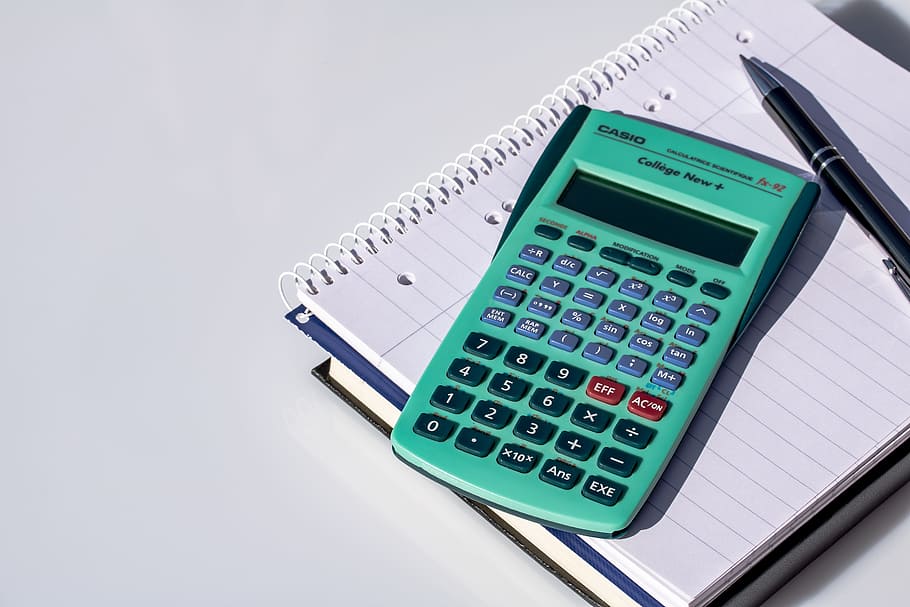green, casio calculator, white, notebook, pen, Casio, calculator, calculation, notepad, notes