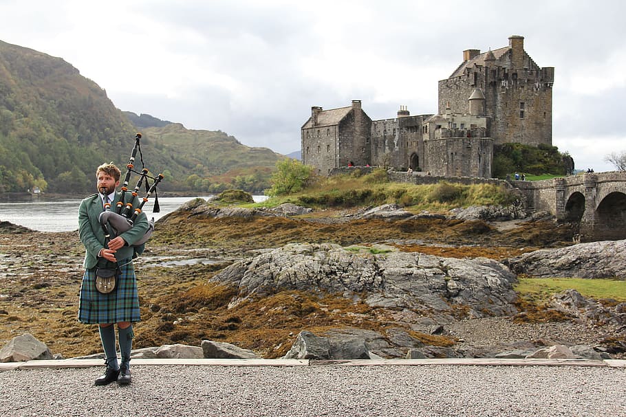 manusia, memegang, bagpipe, kastil, dataran tinggi, skotlandia, orang, alat musik, portree, pulau skye