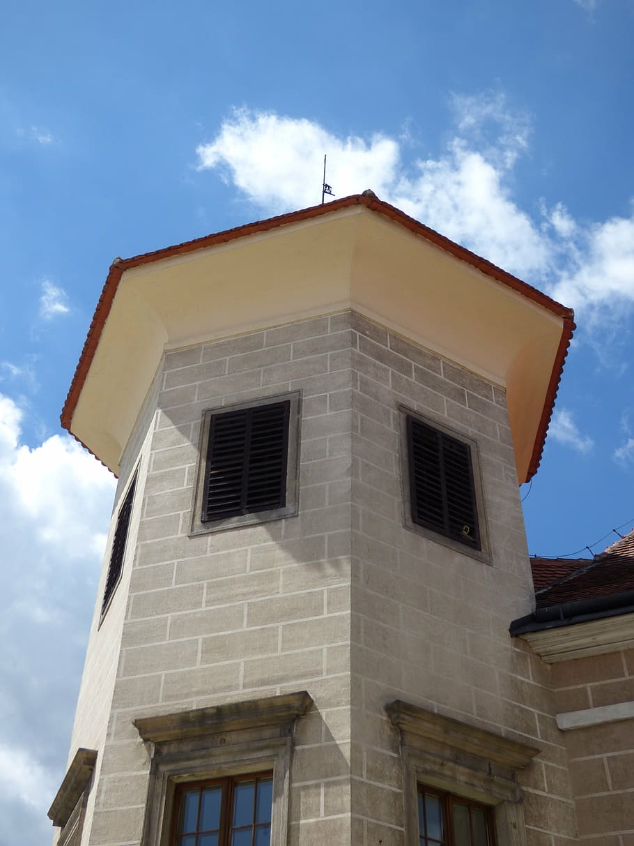 tower, turret, architecture, building, the city centre, sky, the window, clouds, built structure, low angle view