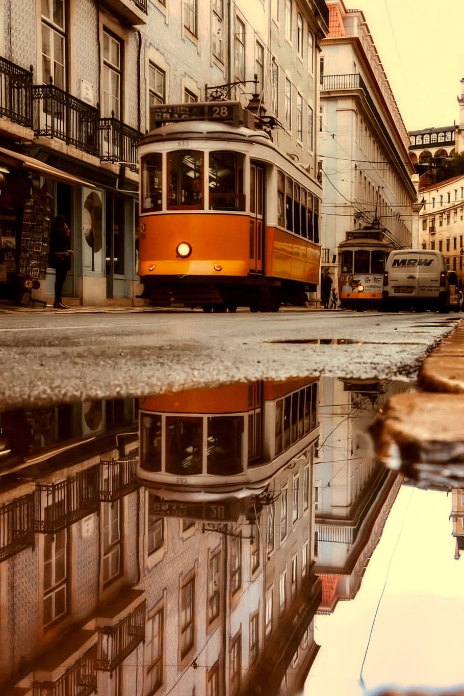 orange, grey, train reflection, body, water, lisbon, portugal, trolley, streetcar, travel