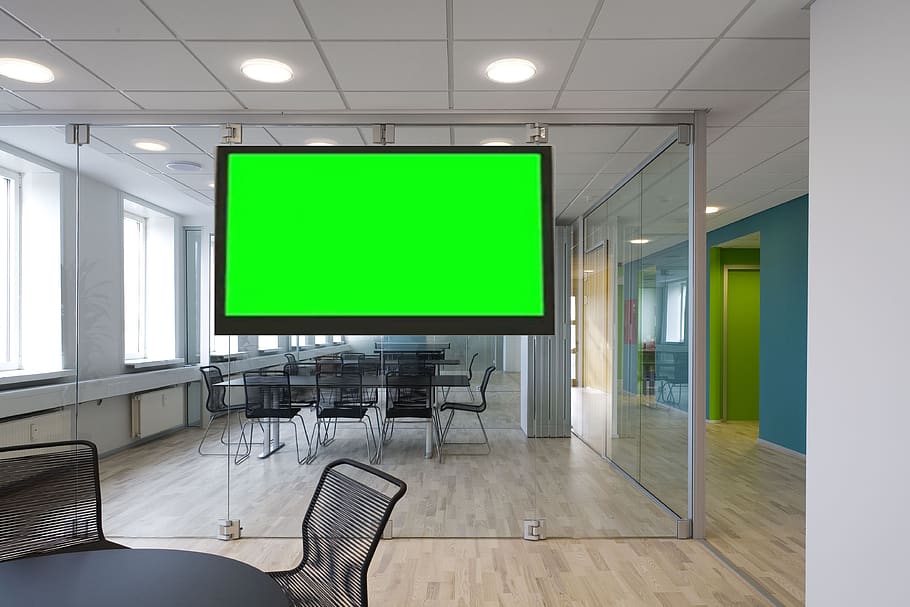escritório, conjunto virtual, tela verde, vazio, cor verde, dentro de casa, arquitetura, iluminado, material de vidro, revestimento