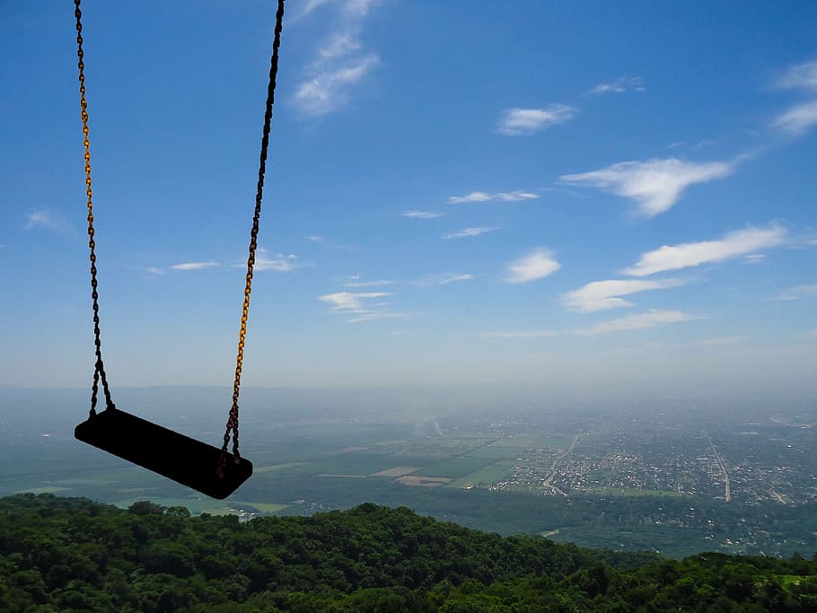 mountain, landscape, playing, swing, sky, cloud - sky, nature, environment, beauty in nature, scenics - nature