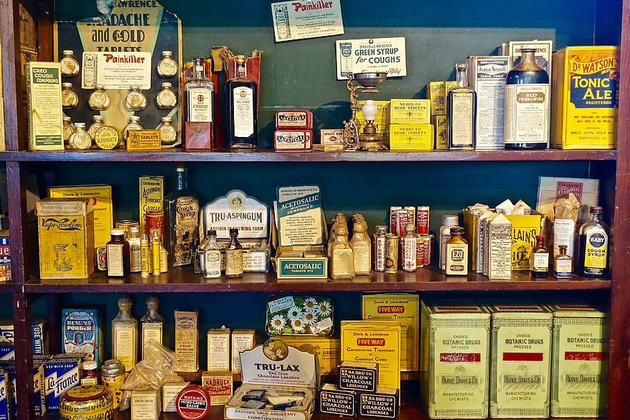 Food, Vintage, Old, Classic, Shelves, shelf, bottle, healthcare and medicine, indoors, retail