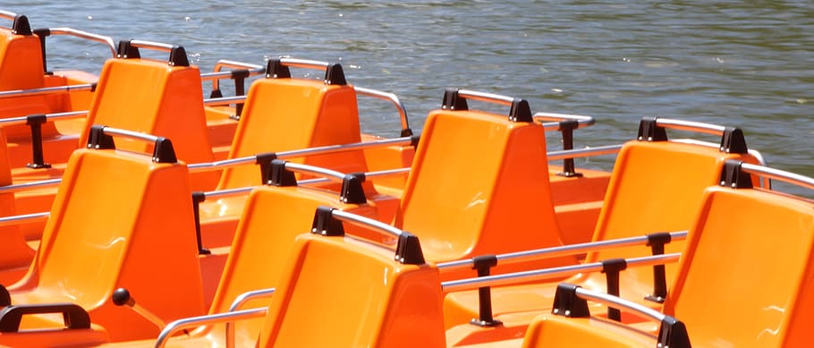 Pedal Boats, Orange, Sit, orange color, equipment, place of work, group of objects, corporate business, in a row, seat