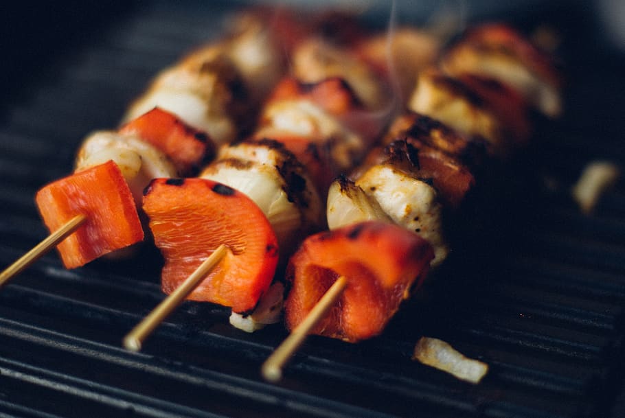 kabob, skewers, meat, red peppers, vegetables, barbecue, bbq, grill, dinner, food and drink
