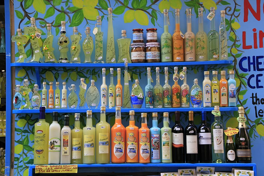 sorrento, bottles, limoncello, lemon, alcohol, glass, italian, liquor, drink, citrus