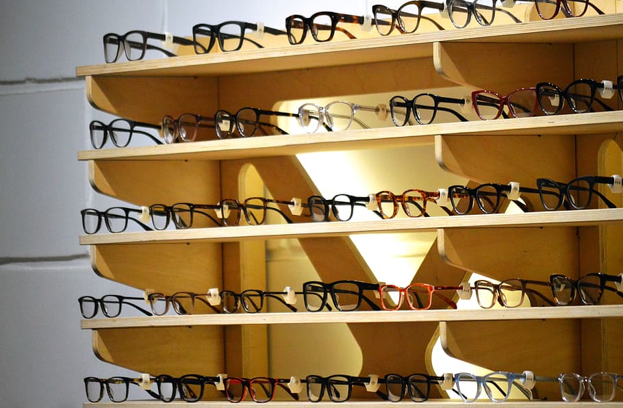 clear, eyeglasses, brown, wooden, shelves, Glasses, Store, Eyeglass, optomotrist, shop