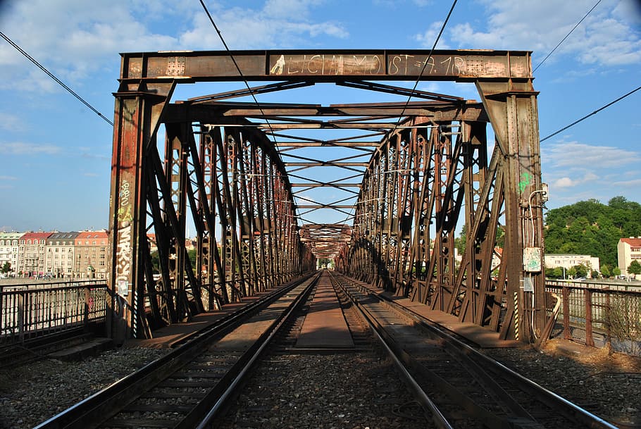 railway bridge, rust, street, ties, track, railroad tracks, gravel, railway, vista, prague