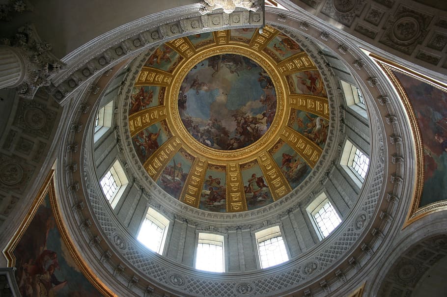 dome, invalides, paris, tomb of napoleon, architecture, built structure, low angle view, indoors, place of worship, religion