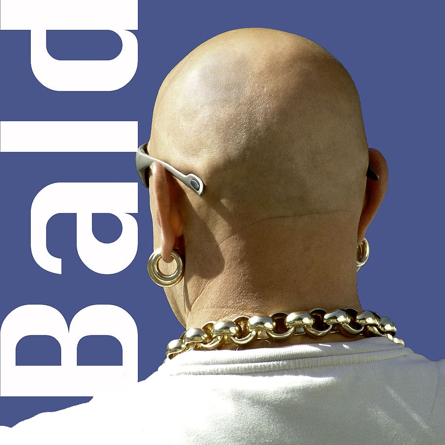 bald, man, macho, earring, gold, necklace, heavy, back, head, neck