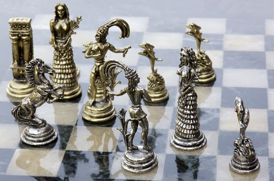 Chess Board, Chess Pieces, Silver, chess, firures, game, think, strategy, chess piece, leisure games