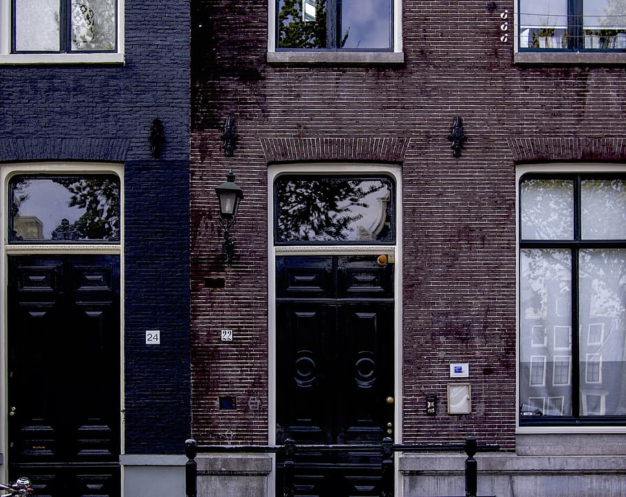 black wooden door, house, home, apartment, windows, doors, bricks, window, architecture, urban Scene