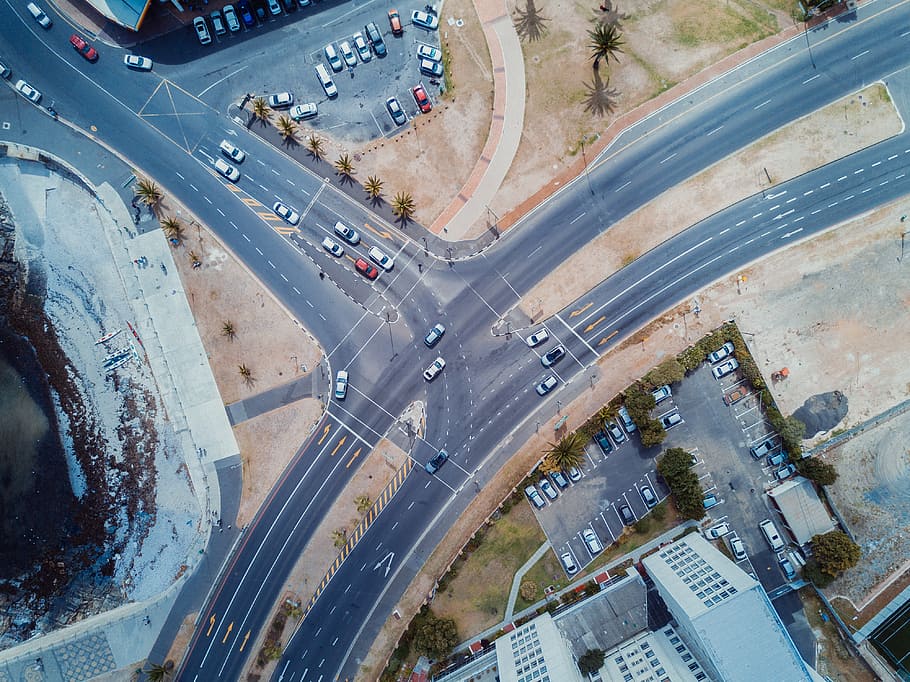 aerial, view, road, architecture, building, infrastructure, street, car, vehicle, city