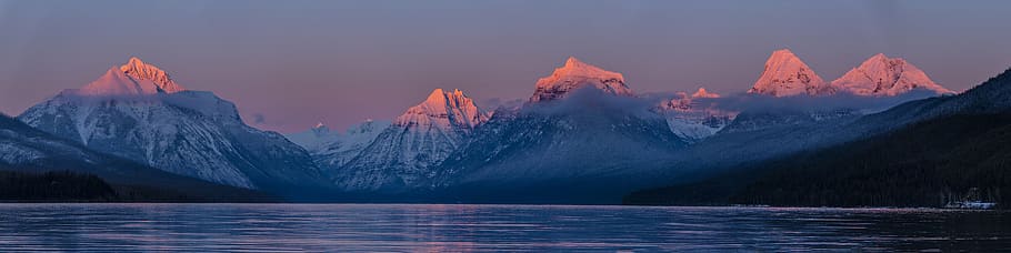 foto, azul, laranja, montanhas, lago mcdonald, Pôr do sol, tarde, crepúsculo, paisagem, panorâmico