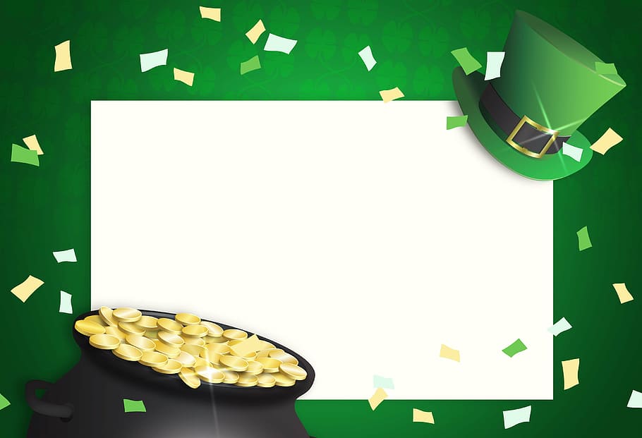verde, decorativo, borde de la foto, día de San Patricio, olla de oro, confeti, sombrero de copa, duende, irlandés, suerte