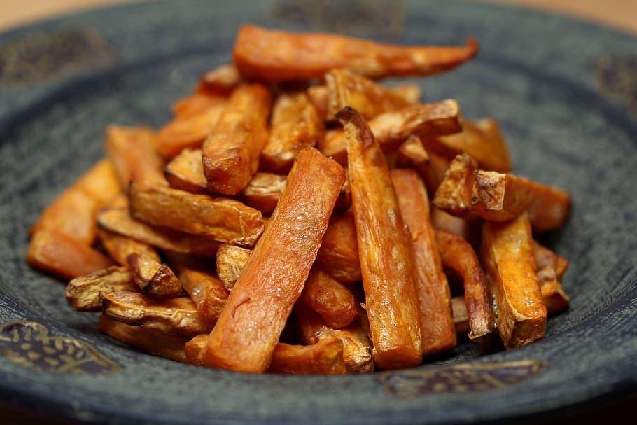 sliced, sweet, potato fries, potatoe, potatoes, potato, vegetarian, meal, food, american