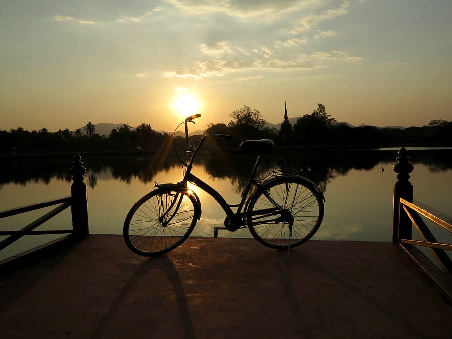 black, cruiser bike, dock, golden, hour, bike, sunset, landscape, sky, abendstimmung