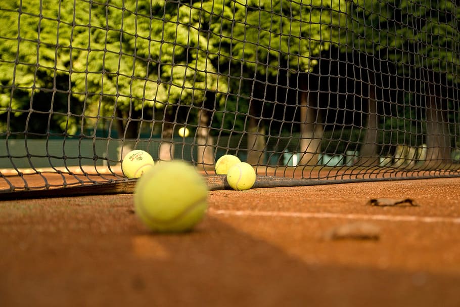 four, tennis balls, court, tennis, clay, network, ball, sport, courts, game