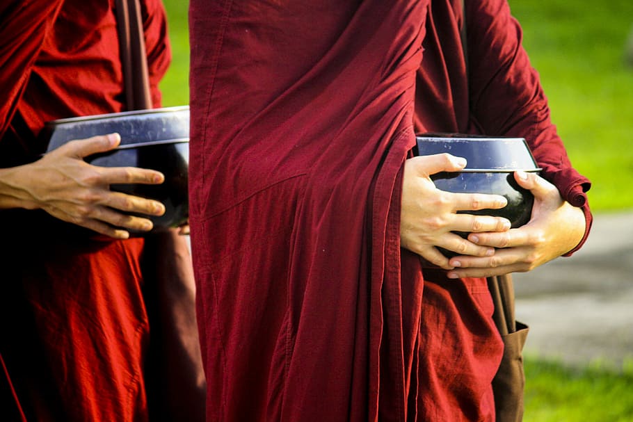 person, wearing, red, robe, carrying, black, pot collage, theravada monks, buddhist, religious
