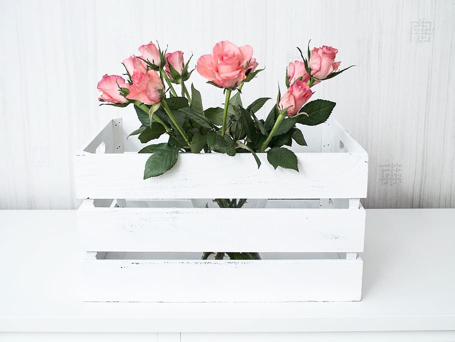 pink, rose, flower bouquet, white, wooden, crate, flowers, roses, box, the delicacy