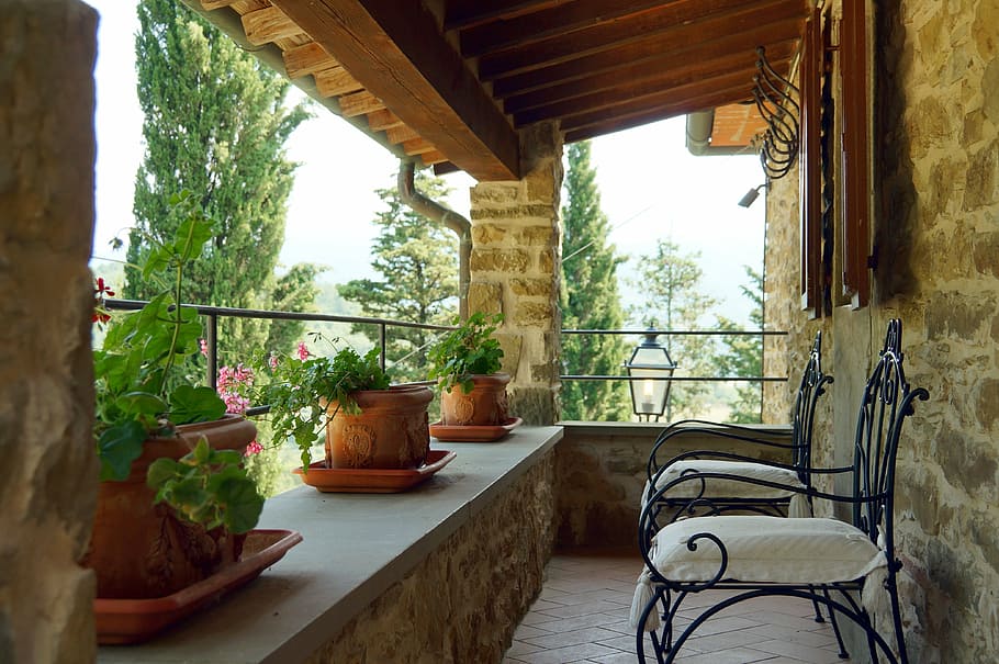 green, potted, plants, veranda, terrace, landscape, cottages-vacation rentals, tuscany, plant, architecture