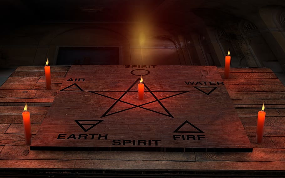 six, element, star, draw, board, four, candles, space, wood, pagan