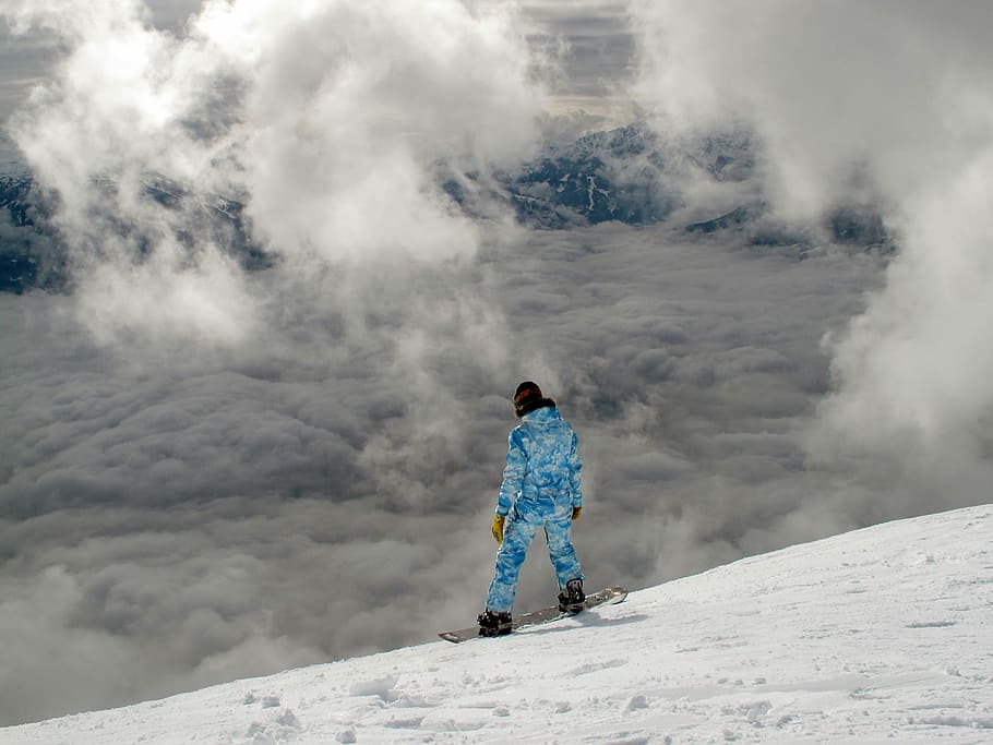 person, wearing, blue, ski uit, board, top, snowy, mountain, uit, on top