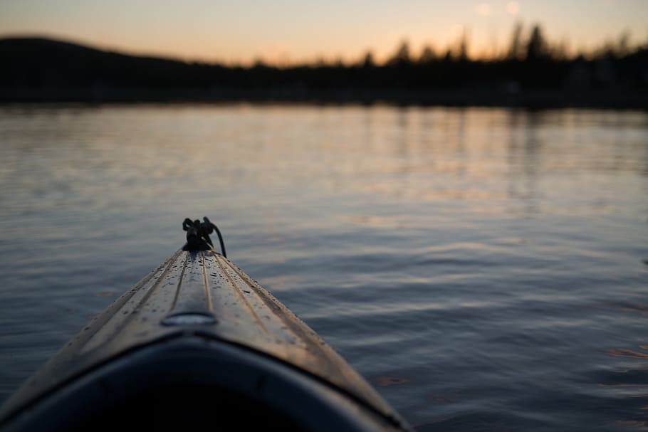 closeup, fotografi, kuning, kayak, kano, danau, matahari terbenam, air, alam, lanskap
