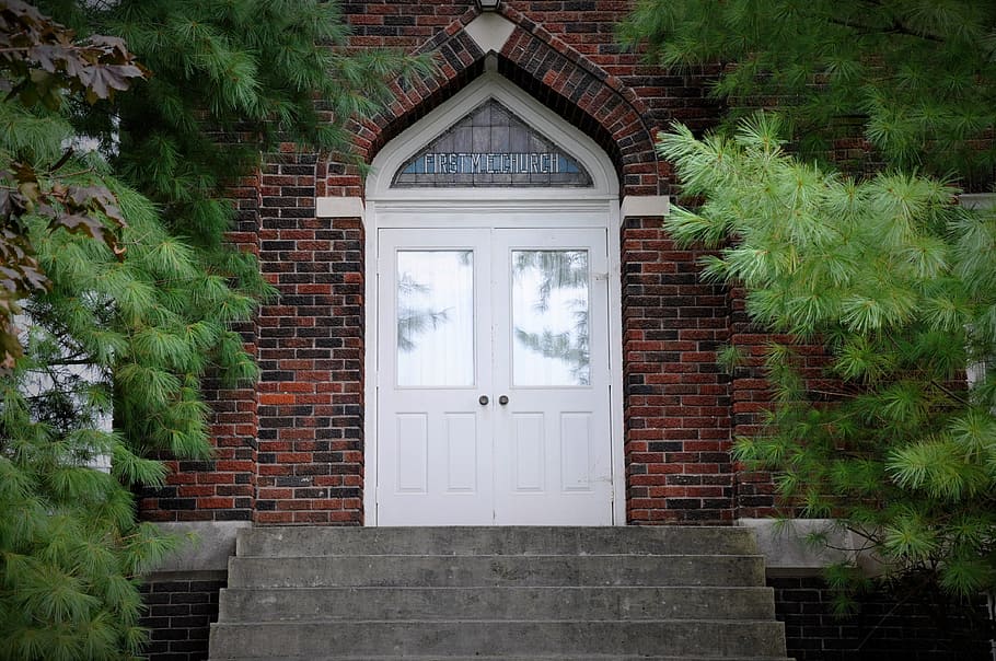 church, doors, brick, old, trees, stairs, stained glass, exterior, architecture, built structure