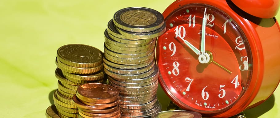 assorted, coins, red, bell alarm clock, time is money, currency, euro, cash and cash equivalents, reserve, finance