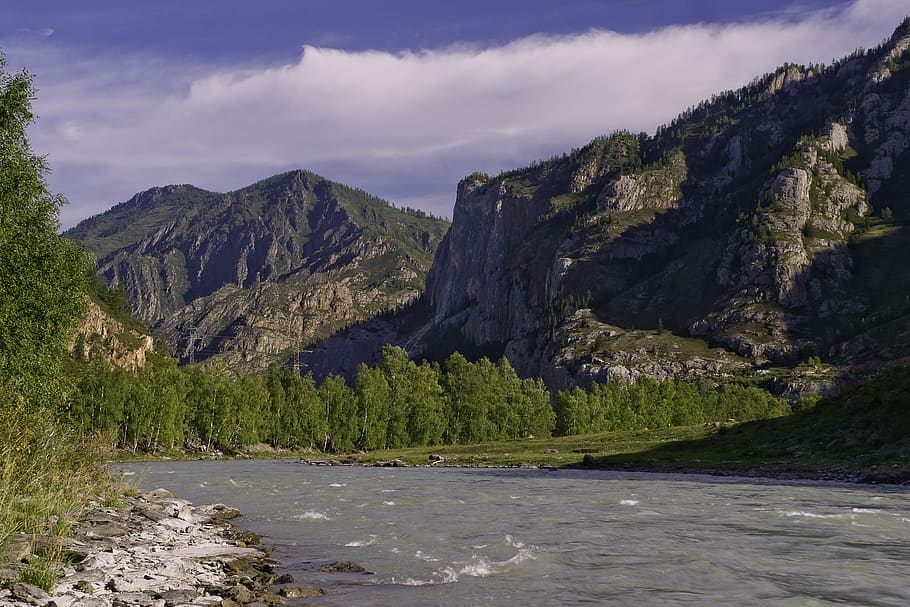 the altai mountains, siberia, river sensing, morning, landscape, nature, sky, clouds, summer, water