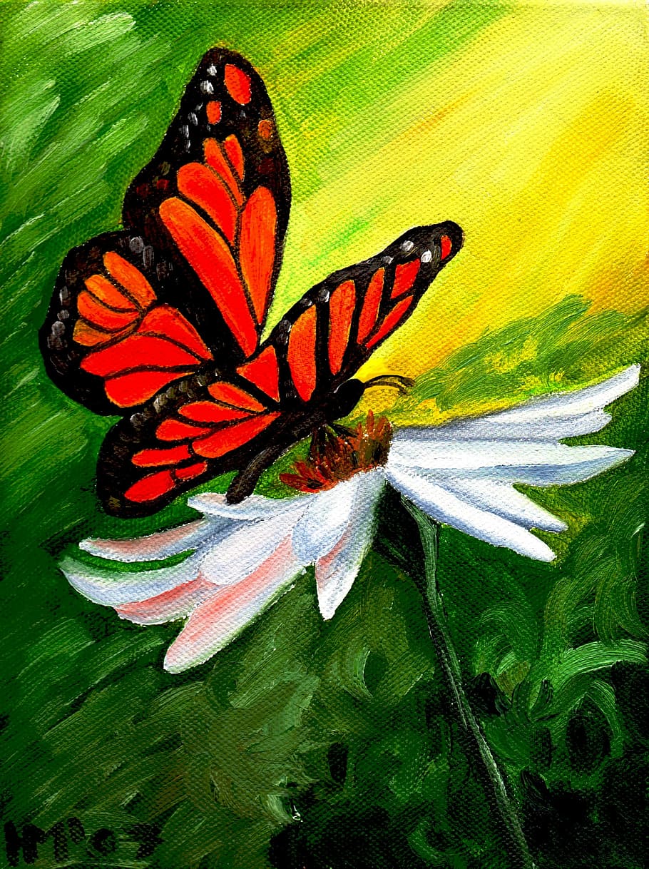 borboleta monarca, empoleirada, branco, pintura da margarida, borboleta, flor, pintura, óleo, lona, ​​arte