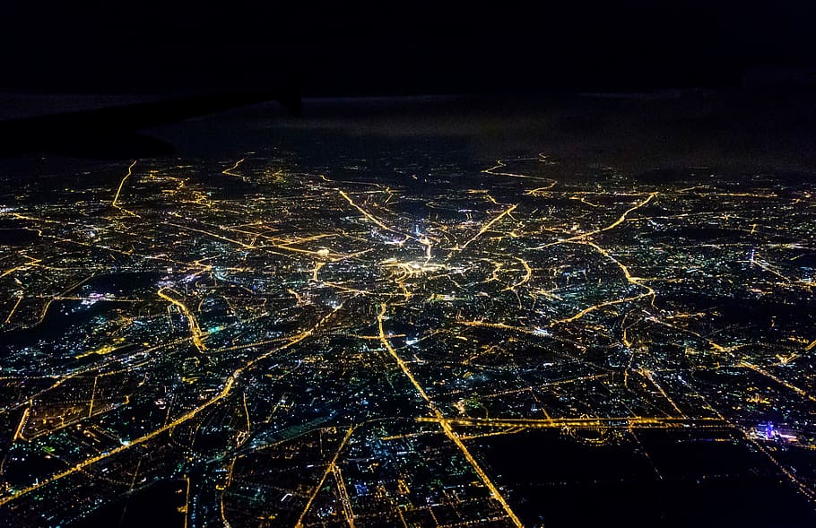 aerial, view photography, city, moscow, night, map, plane, view, air, airplane