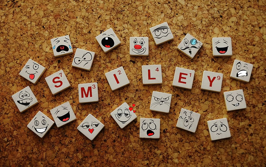 gray, animal-printed smiley scrabble tiles, smilies, funny, fun, faces, emotions, emoticon, indoors, text