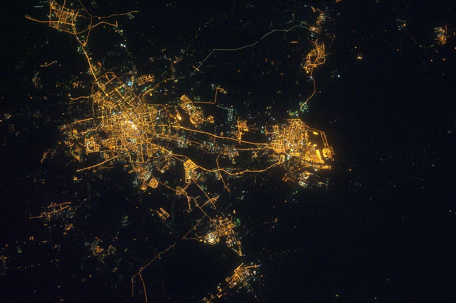 Imagen de satélite, Tianjin, China, fotos, geografía, luces, dominio público, topografía, resumen, noche