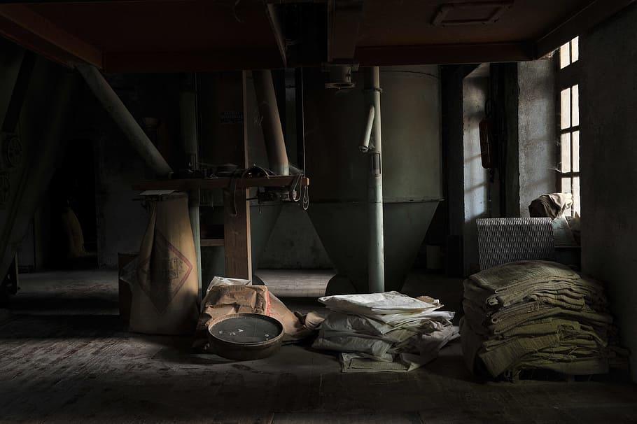 folded, gray, brown, cloths, window, abandoned, chutes, dusty, furniture, hessian bags