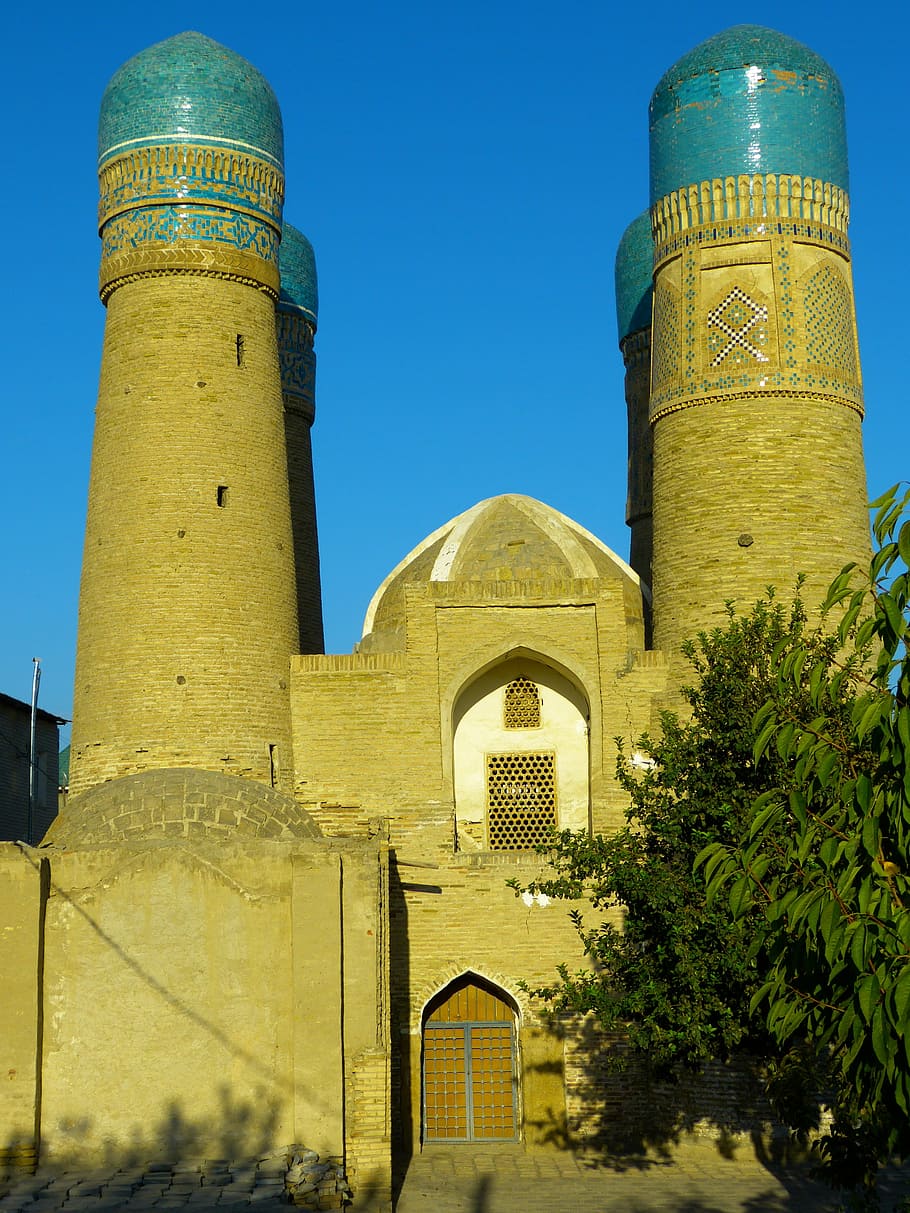 mosque, minor choir, four minarets, minaret, pray, bukhara, uzbekistan, architecture, islam, famous Place