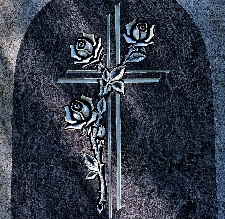 gray, cross, wall decor, granite slab, pattern, roses, grey, stone, tombstone, cemetery