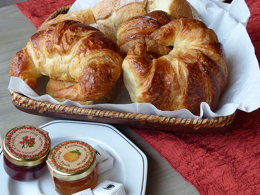 several baked pastries, france, vosges, breakfast, croissant, jam, tablecloth, porcelain, sugar, basket