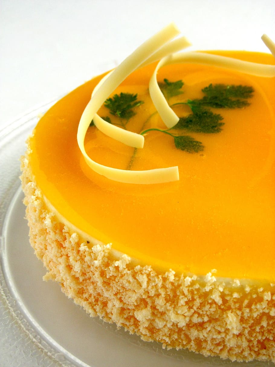 yellow, pastry, white, ceramic, plate, cake, dessert, pie, cake buffet, food