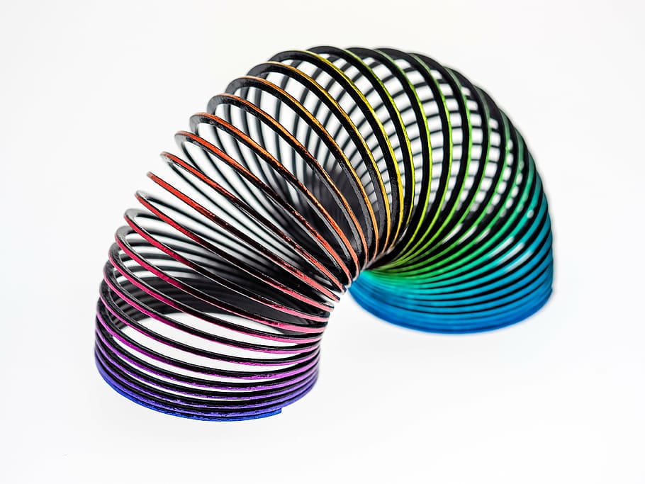 espiral, cor, brinquedos, arco-íris, treppenläufer, springspirale, fundo branco, tiro do estúdio, padrão, único objeto