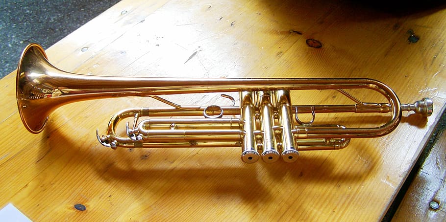 trompeta de latón, marrón, madera, mesa, trompeta, instrumento musical, instrumento de viento de latón, música, metal, interior