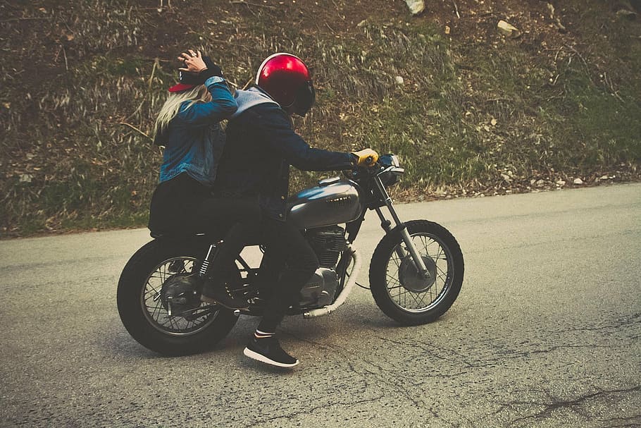 two, woman, man, riding, motorcycle, couple, driving, young, travel, lifestyle