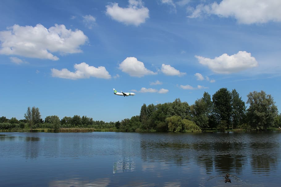 rotterdam, zestienhoven park, spring, nature, flying, sky, air vehicle, water, tree, mode of transportation