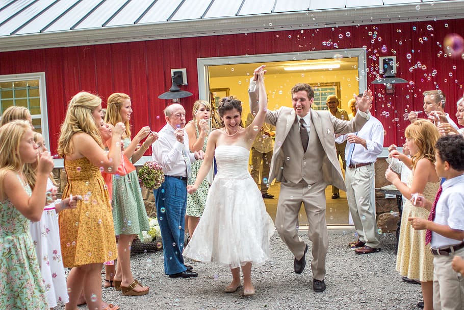 wedding reception, wedding, exit, bubbles, people, celebration, women, outdoors, group of people, newlywed
