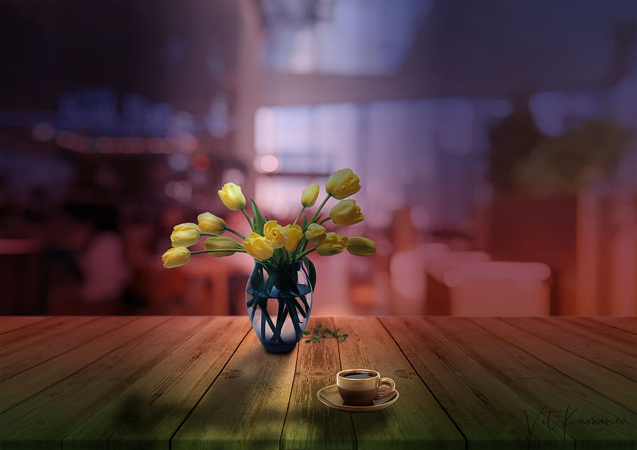 tulips, vase, table, the light from the window, flower, flowering plant, plant, wood - material, freshness, focus on foreground