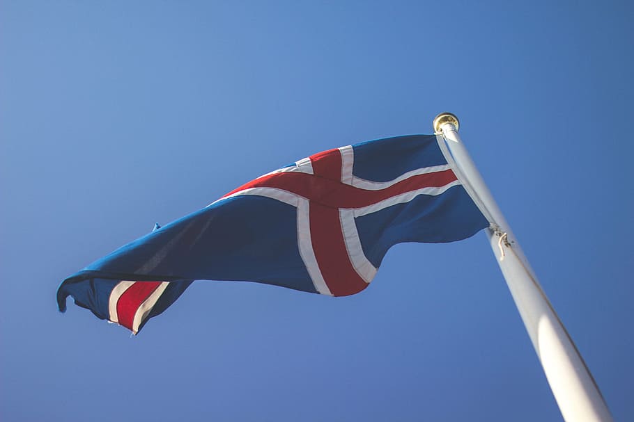 blue, red, white, flag, flag pole, daytime, Iceland, sky, patriotism, day