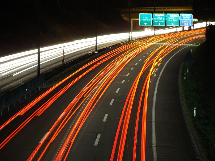 autopista, zurich, larga exposición, transporte, movimiento, rastro de luz, velocidad, carretera, iluminado, movimiento borroso