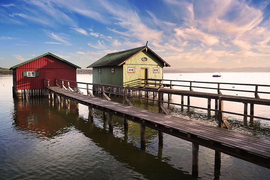 two, brown, wooden, dock, white, clouds, daytime, ammersee, water, boat house