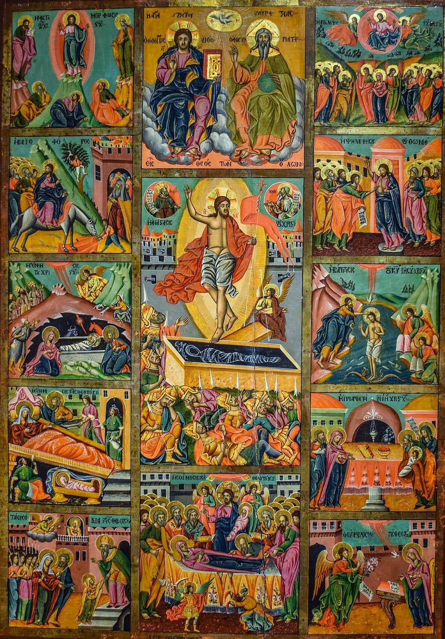 icon of the 12 great feasts, icon, religion, christianity, orthodox, byzantine museum, makrinitsa, greece, 19th century, art